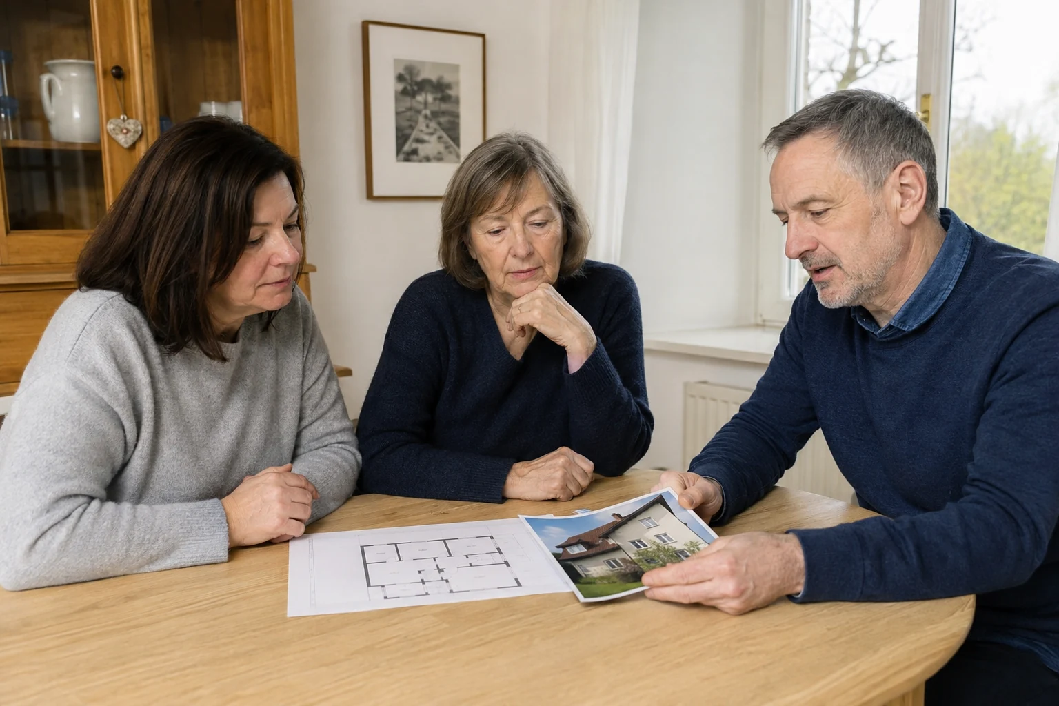 Zwei Eigentümerinnen besprechen mit einem Berater ein älteres Wohnhaus anhand eines Grundrisses