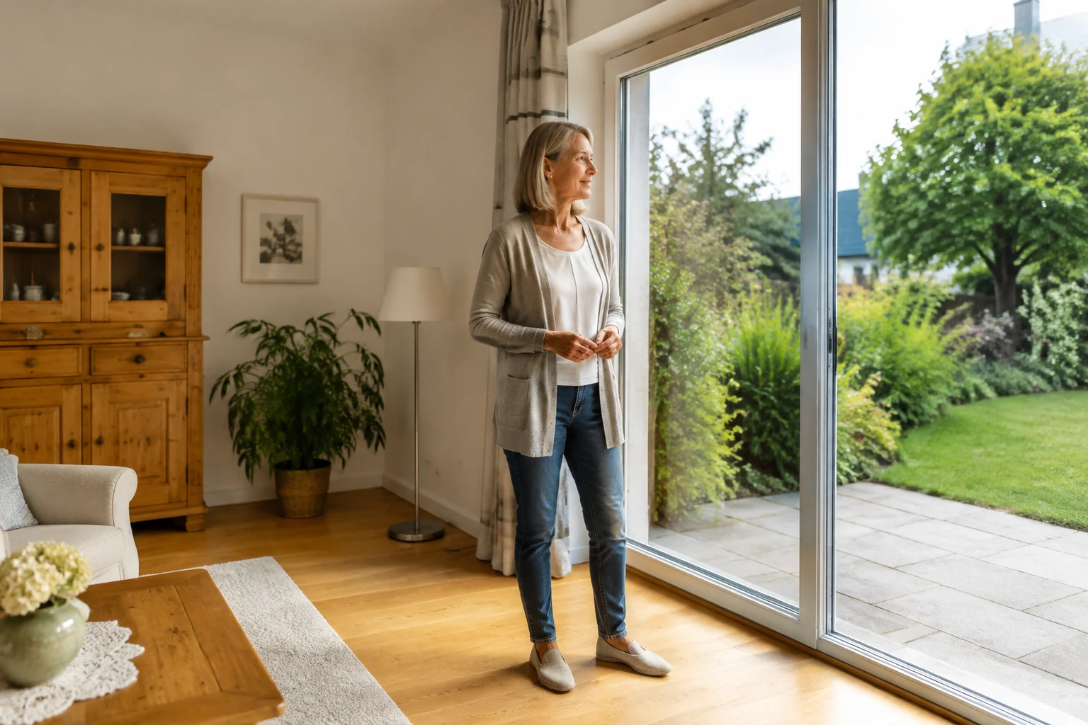 Eigentümerin in einem hellen Wohnzimmer eines älteren Hauses mit Blick in den Garten