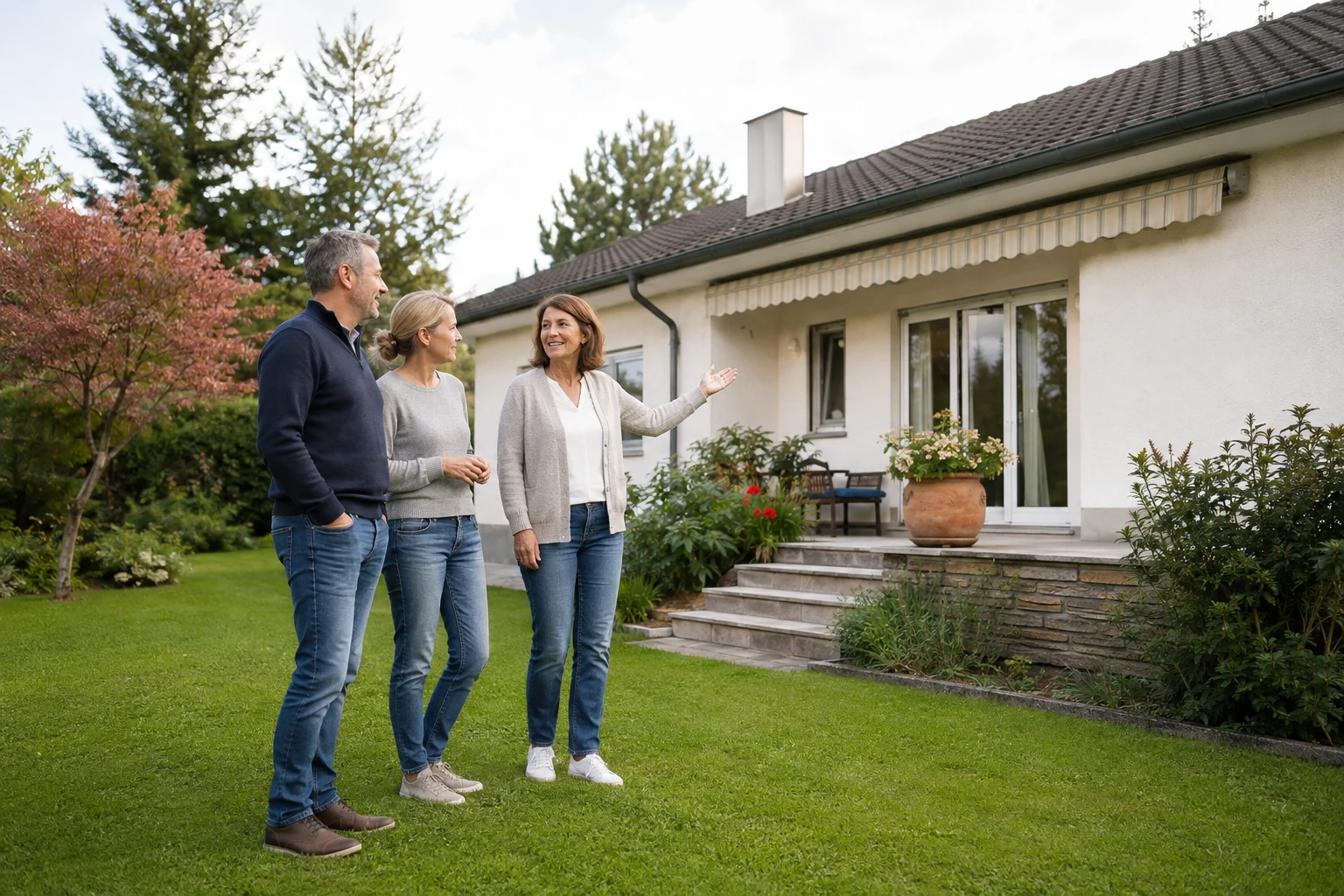 Ein Paar besichtigt mit einer Beraterin ein gepflegtes älteres Wohnhaus mit Garten